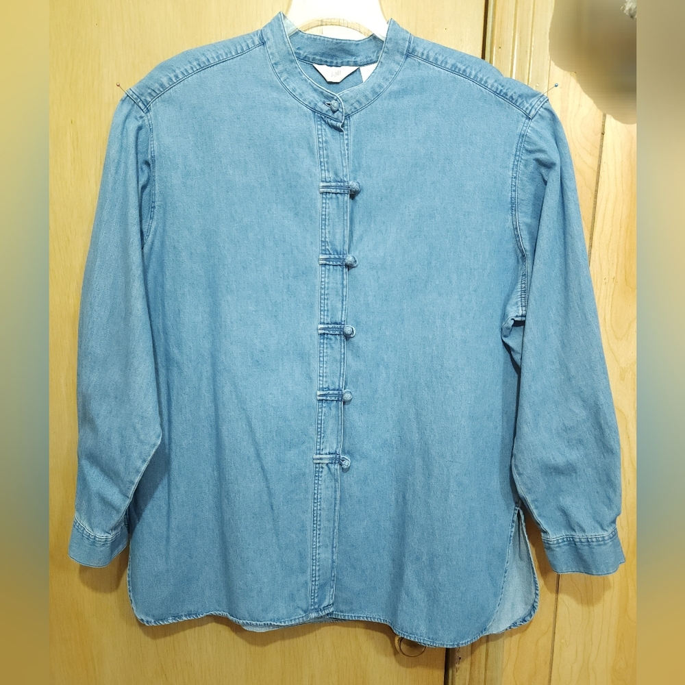 Vtg J Jill Denim Kimono Style Shirt Womens Sz XL Knot Button Jean Top